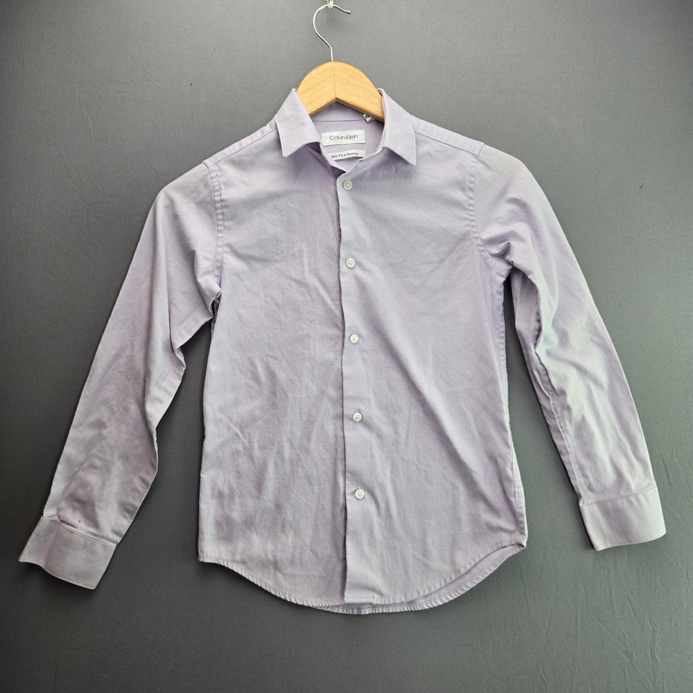 Calvin Klein Boys Button Up Shirt Slim Fit Stretch 10 Purple Long Sleeve Dress